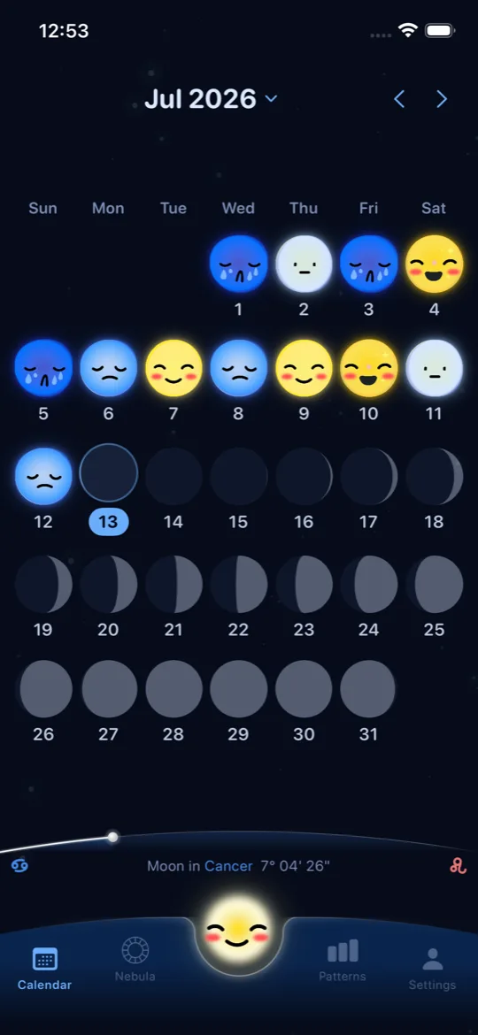 LunarLog month calendar with each logged day drawn as a coloured moon face
