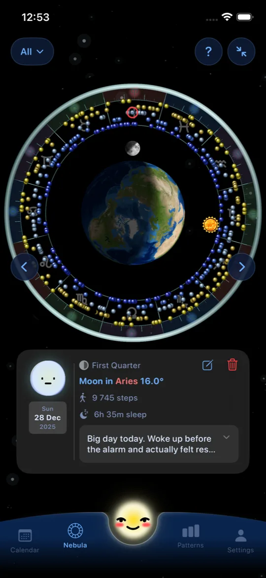 LunarLog showing the live orrery — Sun, Moon and Earth with a year of logged moods orbiting the zodiac wheel
